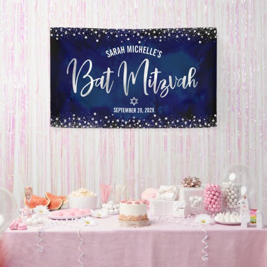 Marine Zilver Bat Mitzvah Moderne Folie Glitter Sc Spandoek (Feest)