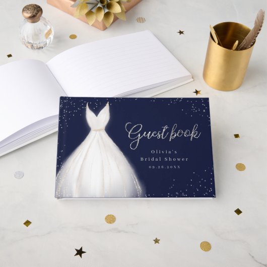 Marine Zilver Glitter Elegante Jurk Bruidsfeest Gastenboek (Voorkant open)