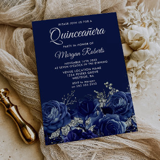 Marine & Zilveren Bloem Quinceanera Feest Kaart
