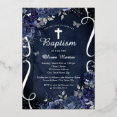 Marine Zilveren Bloemen Vlinder Jongen Doop Folie Uitnodiging (Voorkant)