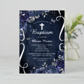 Marine Zilveren Bloemen Vlinder Jongen Doop Folie Uitnodiging (Staand Voorkant)