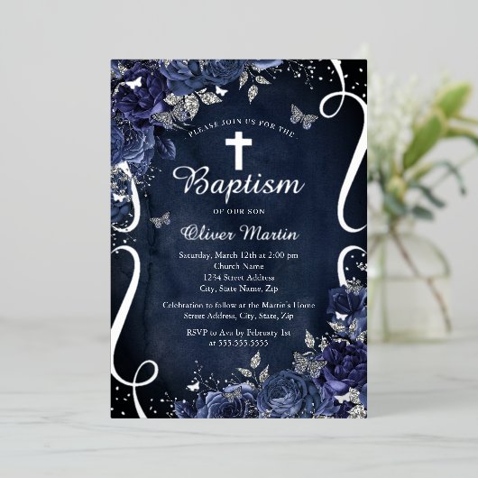 Marine Zilveren Bloemen Vlinder Jongen Doop Folie Uitnodiging (Staand Voorkant)