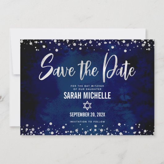 Marine Zilveren Glitter Bat Mitswa Script Modern B Save The Date (Voorkant)