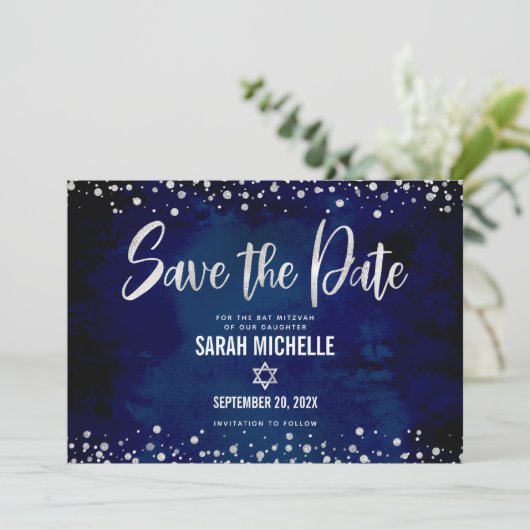 Marine Zilveren Glitter Bat Mitswa Script Modern B Save The Date (Staand voorkant)
