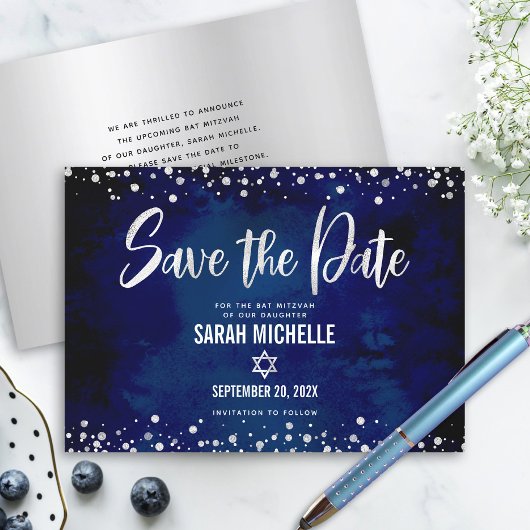 Marine Zilveren Glitter Bat Mitswa Script Modern B Save The Date