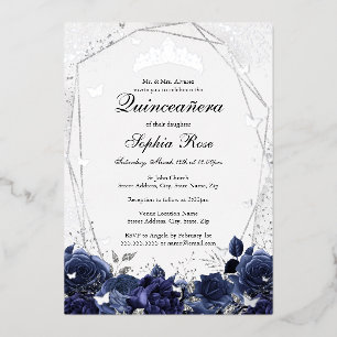 Marine Zilveren Sparkle Bloem Tiara Quinceanera Folie Uitnodiging