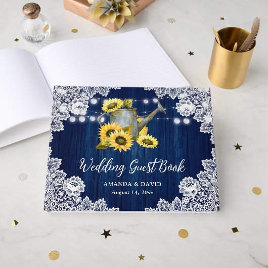 Marine Zonnebloem Watering Can String Lights Trouw Gastenboek (Voorkant open)