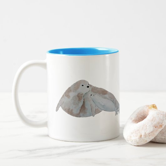 Marine Zoogdier Waterverf Moeder Baby Harp Seal Tweekleurige Koffiemok (Met donut)