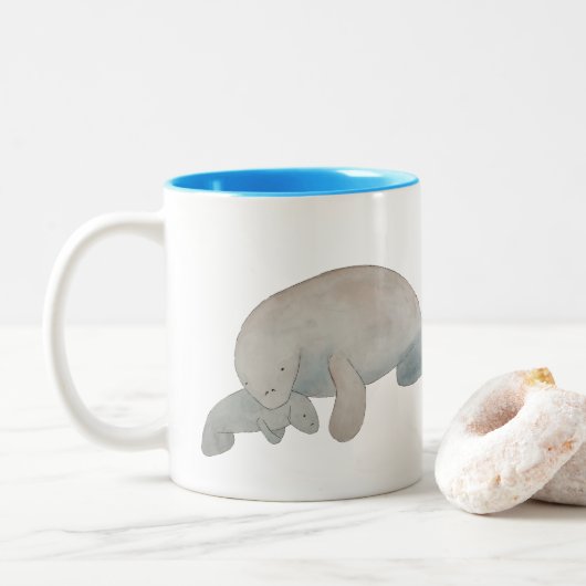 Marine Zoogdier Waterverf Moeder Baby Manatee Tweekleurige Koffiemok (Met donut)