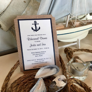 Marineanker op jute bruiloftsrepetitie diner kaart