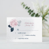 Marineblaadjes & roze bloem RSVP kaartje (Staand voorkant)