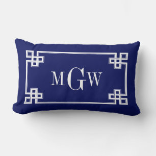 Marineblauw 5c Blauw Wit Griekse Sleutel #3 Omlijs Kussen