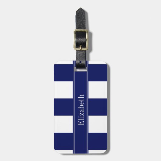 Marineblauw 5c XL Strepen, Navy 5c Naam Monogram Bagagelabel (Voorkant verticaal)