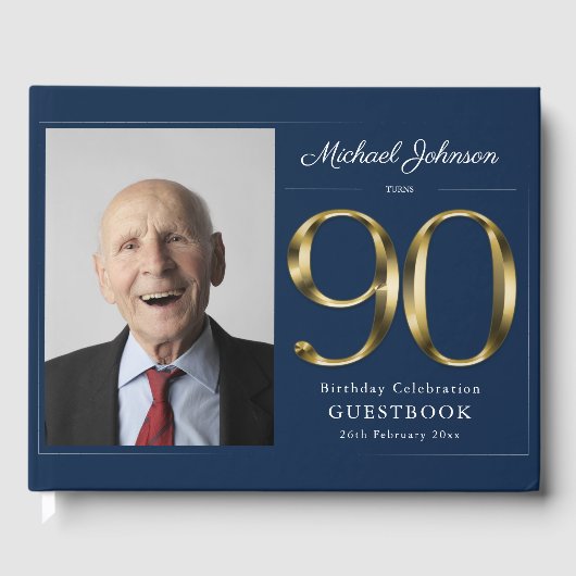 Marineblauw 90th Verjaardag Goud Typografie Custom Gastenboek (Voorkant)
