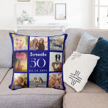 Marineblauw aangepaste fotocollage verjaardag kussen<br><div class="desc">Een uniek cadeau voor een 21e verjaardag,  het vieren van haar leven met een collage van 8 van uw eigen foto's,  afbeeldingen. Personaliseer en voeg haar naam,  leeftijd en een datum toe. Een marineblauwe achtergrond,  witte tekst. De naam is geschreven met een modern handschrift.</div>