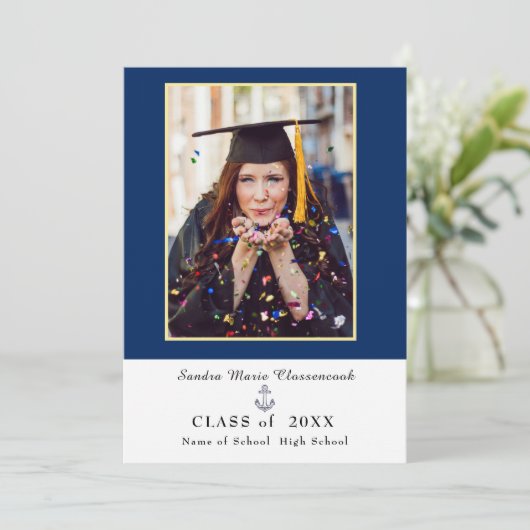 marineblauw afstuderen aankondiging (Staand voorkant)