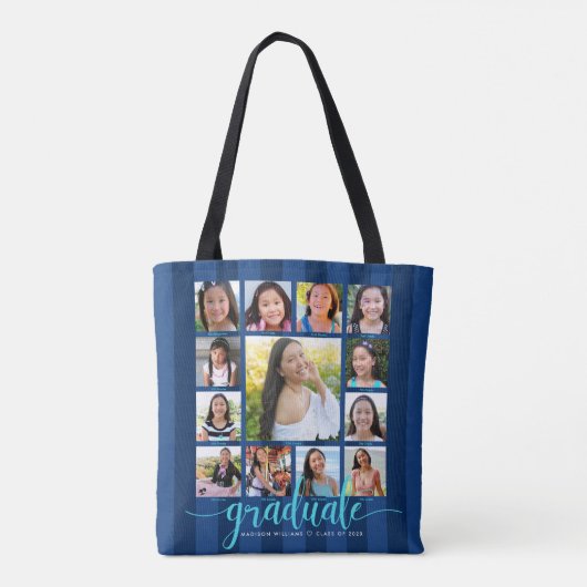 Marineblauw Afstuderen K-12 13 Fotocollage Script Tote Bag (Achterkant)
