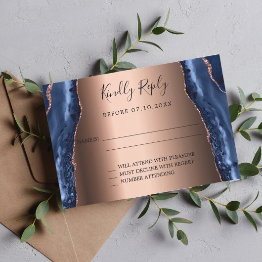 Marineblauw agaat marmer roos gouden bruiloft RSVP Kaart