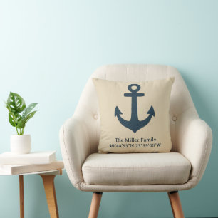 marineblauw anker met achternaam en coördinaten kussen