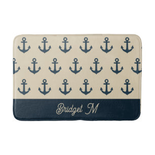 marineblauw anker met Monogram Beige Coastal Badmat