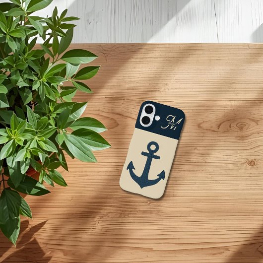 marineblauw anker met Monogram Beige Coastal Case-Mate iPhone Case