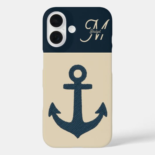 marineblauw anker met Monogram Beige Coastal Case-Mate iPhone Case (Achterkant)