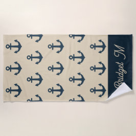 marineblauw anker met Monogram Beige Coastal Strandlaken