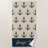 marineblauw anker met Monogram Beige Coastal Strandlaken (Voorkant)