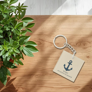 marineblauw anker met naam en coördinaten sleutelhanger