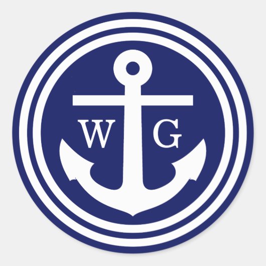 marineblauw-anker monogram-bruiloft ronde sticker (Voorkant)