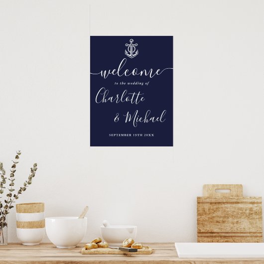 Marineblauw Anker Nautische Bruiloft Welkomstbord Poster (Keuken)