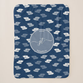 Marineblauw Antiek Bladeren Patroon Monogram Sherpa Deken