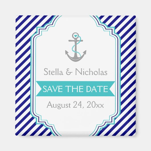 Marineblauw, aqua nautische bruiloft Save the Date Magneet (Voorkant)