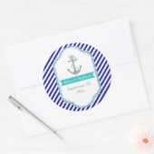 Marineblauw, aqua nautische bruiloft Save the Date Ronde Sticker (Envelop)