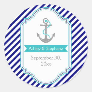 Marineblauw, aqua nautische bruiloft Save the Date Ronde Sticker