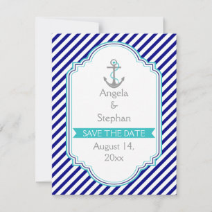Marineblauw, aqua nautische trouw Save the Date Kaart