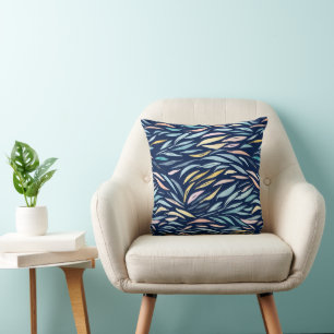 Marineblauw Aquarel Abstracte Kunst Bladpatroon Kussen