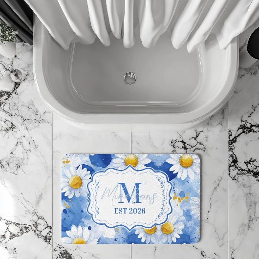 Marineblauw Aquarel Madeliefjes Monogram Decor Badmat
