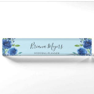 Marineblauw Aquarel Modern Bloemendeskbord N Naambordje