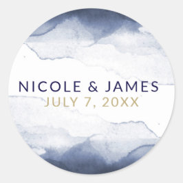Marineblauw Aquarel Modern Chic Bruiloft Ronde Sticker