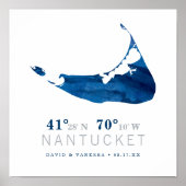 Marineblauw Aquarel Nantucket Kaart Coördinaten Poster (Voorkant)