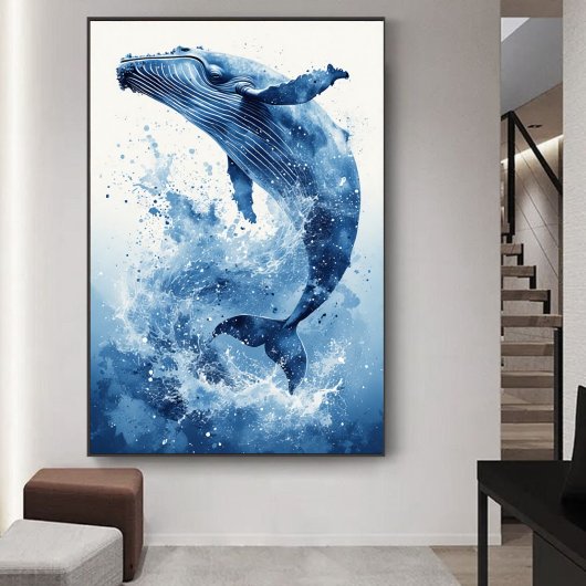 Marineblauw Aquarel Walvis Strand Kinderkamer Muur Poster