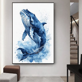 Marineblauw Aquarel Walvis Strand Kinderkamer Muur Poster