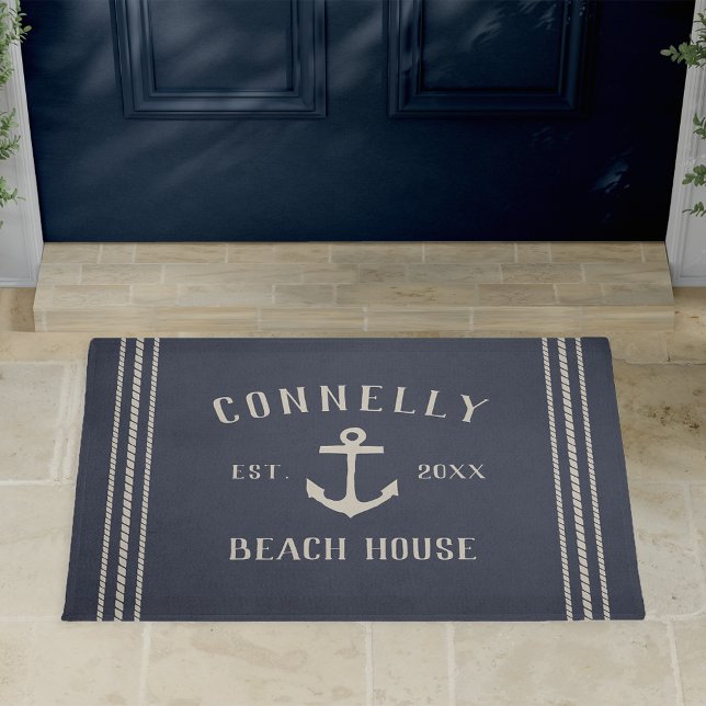 Marineblauw | Beach House Rustic Anchor Personaliz Deurmat (Creator heeft geüpload)