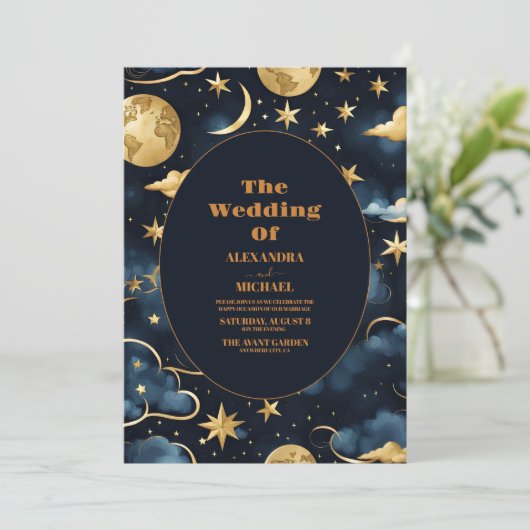 Marineblauw betoverende hemelse bruiloft kaart (Staand voorkant)