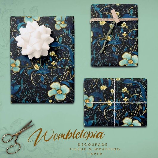  marineblauw, Blauwgroen bloei elegante decoupage Inpakpapier Vel
