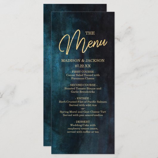 Marineblauw & Blauwgroen Waterverf & Gouden Bruilo Menu (Voorkant / Achterkant)