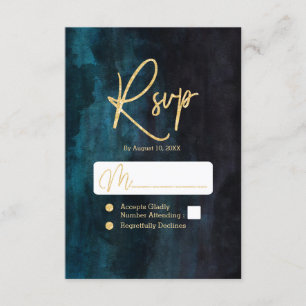 Marineblauw & Blauwgroen Waterverf & Gouden Bruilo RSVP Kaartje