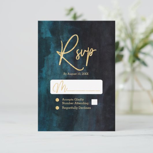 Marineblauw & Blauwgroen Waterverf & Gouden Bruilo RSVP Kaartje (Staand voorkant)