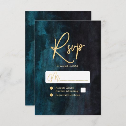 Marineblauw & Blauwgroen Waterverf & Gouden Bruilo RSVP Kaartje (Voorkant / Achterkant)